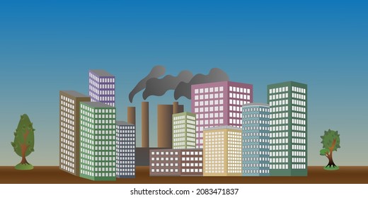 City buildings against the sky. Residential buildings, a working factory, trees. Construction or pollution concept.