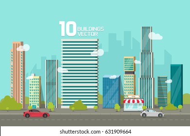 City buildings along street road vector illustration, cityscape flat cartoon style, modern big hight skyscrapers town building, urban landscape