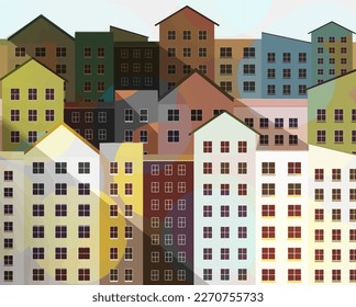 City buildings, apartments in a downtown neighborhood are seen in a vector illustration.
