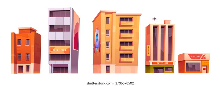 City buildings with apartments, office and store isolated on white background. Vector cartoon set of facade of residential house, business and commercial architecture