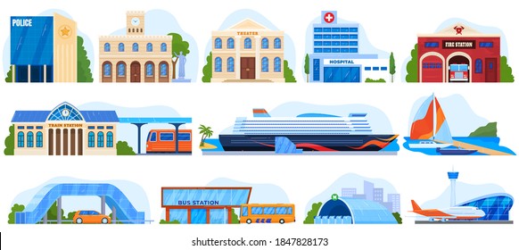 City buildings, architecture set of vector illustrations. Social services. Post office, fire station, police department and hospital. Urban buildings, port, pier, railway and bus station. Airport.