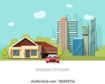 City buildings behind cottage home vector illustration, modern cityscape flat style, big hight skyscrapers town, suburban landscape, suburb view