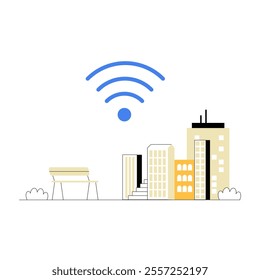 City Buildings And Bench With WiFi Icon In Flat Vector Illustration Symbolizing Internet Connectivity, Urban Life, And Technology, Isolated On White Background.