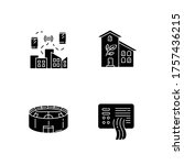 City buildings black glyph icons set on white space. Network coverage. Urban wifi zone. Green building. Stadium for sport event. Pollution sensor. Silhouette symbols. Vector isolated illustration
