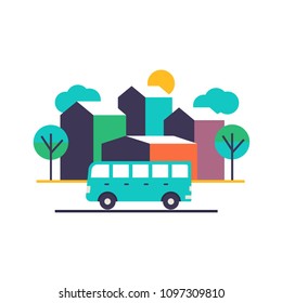 City, buildings and bus on road vector illustration 
