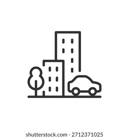 Edificios de la ciudad con coche, icono lineal. Entorno Urbana y paisaje urbano. Línea con trazo editable.
