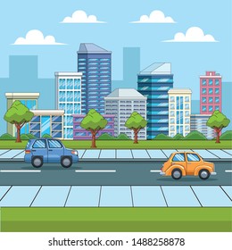 City with buildings and cars on street urban scenery cartoons ,vector illustration graphic design.