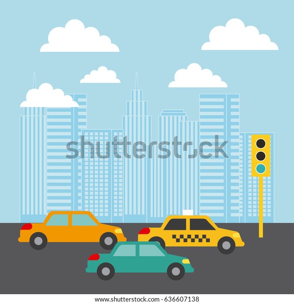 city buildings\
cars traffic light clouds image\

