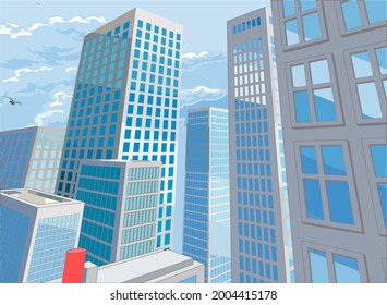 A city buildings cartoon comic book style background with skyscrapers