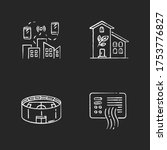 City buildings chalk white icons set on black background. Network coverage. Urban wifi zone. Green building. Stadium for sport event. Pollution sensor. Isolated vector chalkboard illustrations
