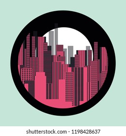 city buildings circular graphic design in retro pink green black shades