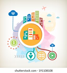 City buildings and cloud on abstract colorful watercolor background with different icon and elements
