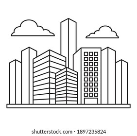 city buildings and clouds design over white background, line style, vector illustration