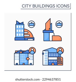 City buildings color icons set. Modern architecture. Business centers and residential buildings. Comfortable touristic navigation concept. Isolated vector illustrations