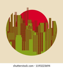 city buildings as a cracking egg shell in retro red green shades