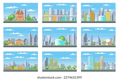 City buildings. Downtown pixelated cityscape set. Scenery skyline. Urban neighbourhood. Suburban town silhouette. Sky landscape. Modern architecture and park. Daytime panorama in pixel art style