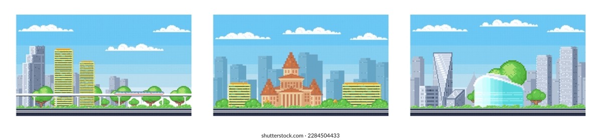 City buildings. Downtown pixelated cityscape set. Scenery skyline. Urban neighbourhood. Suburban town silhouette. Sky landscape. Modern architecture and park. Daytime panorama in pixel art style