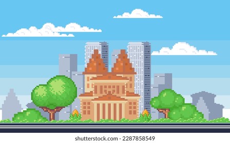 City buildings. Downtown pixelated cityscape. Scenery skyline. Urban neighbourhood. Suburban town silhouette. Sky landscape. Modern architecture and park. Daytime panorama in pixel art style