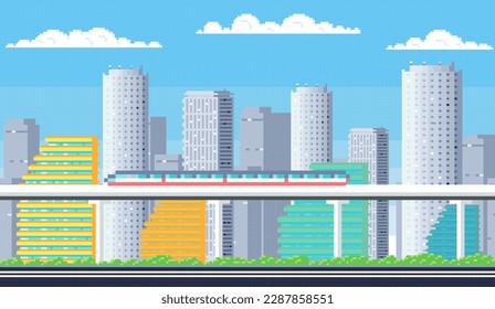 City buildings. Downtown pixelated cityscape. Scenery skyline. Urban neighbourhood. Suburban town and subway train. Sky landscape. Modern architecture and park. Daytime panorama in pixel art style