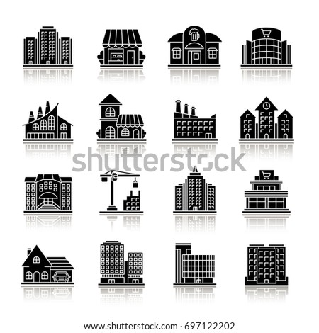 City buildings drop shadow black glyph icons set. Town architecture. Isolated vector illustrations