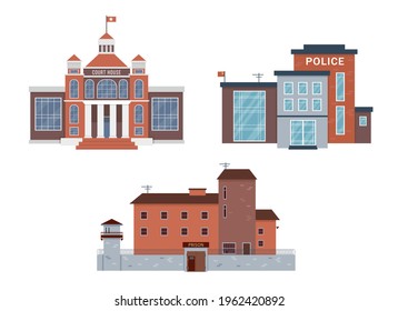 City Buildings Exterior Collection. Facades Of Court House, Police Station And Prison. Legal Services Houses Vector Icons Isolated On White Background.