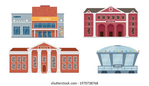 City buildings exterior collection. Facades of opera theatre, cinema, museum and stadium. Vector icons illustrations isolated on white background.