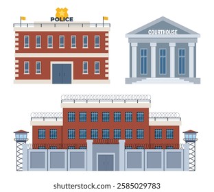 City buildings exterior collection. Facades of court house, police station and prison. Legal services houses. Law, justice system.