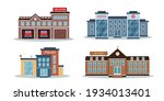 City buildings exterior collection. Vector illustrations isolated on white background. Facades of fire station, police station, hospital or clinic and school or colledge.