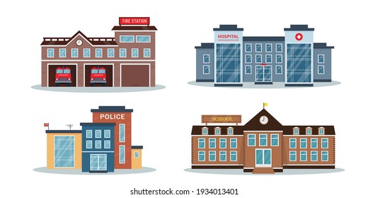 City Buildings Exterior Collection. Vector Illustrations Isolated On White Background. Facades Of Fire Station, Police Station, Hospital Or Clinic And School Or Colledge.