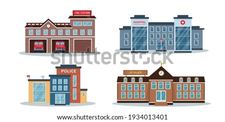 City buildings exterior collection. Vector illustrations isolated on white background. Facades of fire station, police station, hospital or clinic and school or colledge.