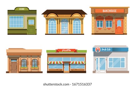 City Buildings Facades Collection, Pizzeria, Fresh Fish, Score, Bakehouse Vector Illustration