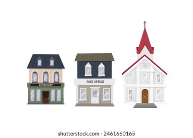 City buildings facades set. Urban architecture, house exteriors. Flat vector illustrations isolated on white background.