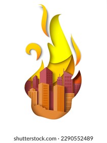 Stadtgebäude in Brand flammen Vektorgrafik. Die verbrannten Wohnhäuser sind eine Ikone im Papierschnitt-Stil. Apokalypse, katastrophale Folgen, Naturkatastrophe, zerstörtes Stadtkonzept