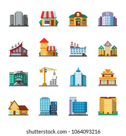 City buildings flat design long shadow color icons set. Facades. Town architecture. Vector silhouette illustrations