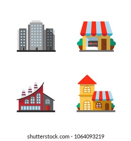 City buildings flat design long shadow color icons set. Multi-storey building, shop, plant, restaurant. Vector silhouette illustrations