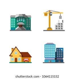 City buildings flat design long shadow color icons set. Hostel, constructing, cottage, office building. Vector silhouette illustrations