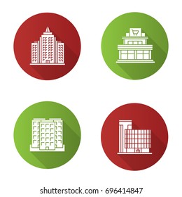 City buildings flat design long shadow glyph icons set. Shopping mall, business center, skyscraper, multi-storey building. Vector silhouette illustration