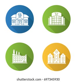 City buildings flat design long shadow glyph icons set. Pub, shopping center, hotel, town hall. Vector silhouette illustration