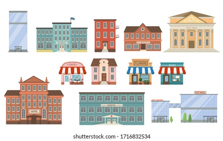 City buildings flat icon collection. School, bank, shop, apartments, office center, hospital, hotel, library, mall and city hall front view vector illustration set. Exterior and facade concept