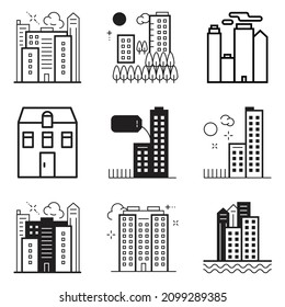 City Buildings Flat Icon Set Isolated