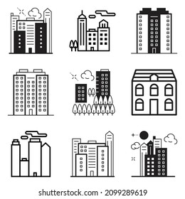 Conjunto de iconos planos de edificios de ciudades aislados