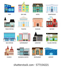 City buildings flat icons on white. Daycare and hotel, courthouse and airport, bus station and the business center. Vector illustration