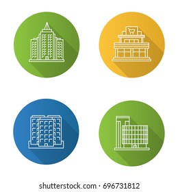 City buildings flat linear long shadow icons set. Shopping mall, business center, skyscraper, multi-storey building. Vector outline illustration