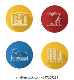 City buildings flat linear long shadow icons set. Hotel, tower crane, cottage, business center. Vector outline illustration