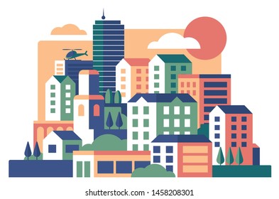 City buildings flat vector illustration. Townhouse, condominium. Apartment houses. Cityscape, flying helicopter over multi-storey structures. Skyscrapers, city street with various urban buildings