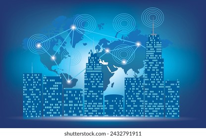 Edificios de la ciudad delante del mapa del mundo, vector