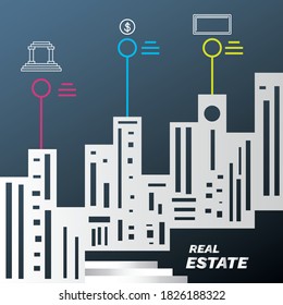 City buildings gradient silhouette with line icons infographics  