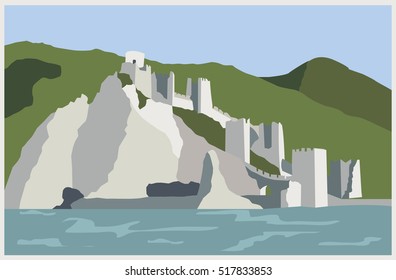 City buildings graphic template. Mountain landscape. Budva. Vector illustration