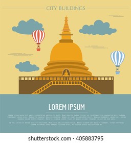 City buildings graphic template. Sri Lanka. Buddha`s temple. Vector illustration