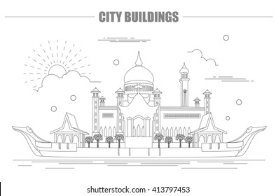 City buildings graphic template. Sultan Omar mosque. Brunei. Vector illustration